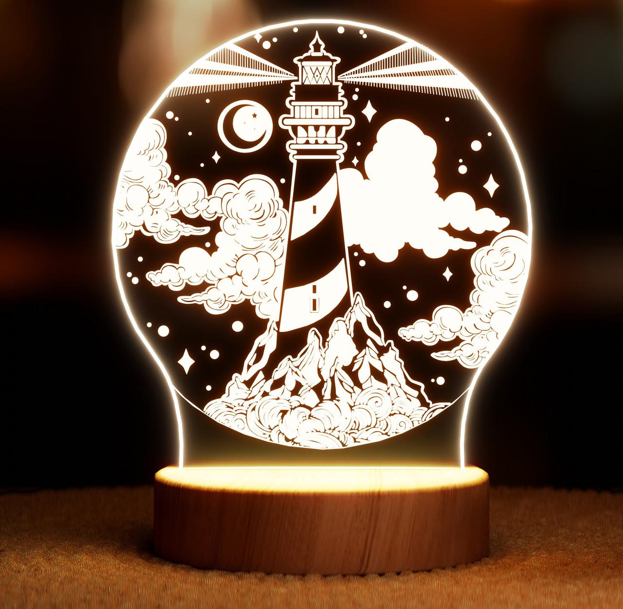 Ночник-светильник Lampic Маяк и облака USB дерево/акрил 15х19 см Желтый (32377337)