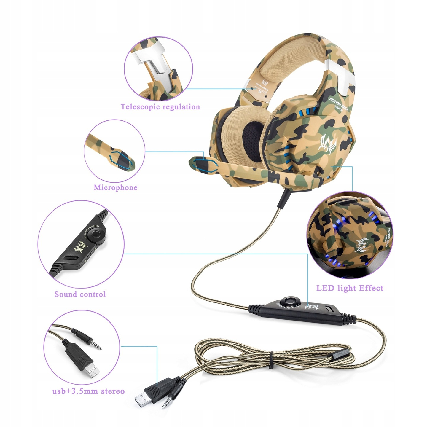 Наушники игровые Kotion Each G2600 Wireless Earphones с микрофоном Camouflage - фото 6