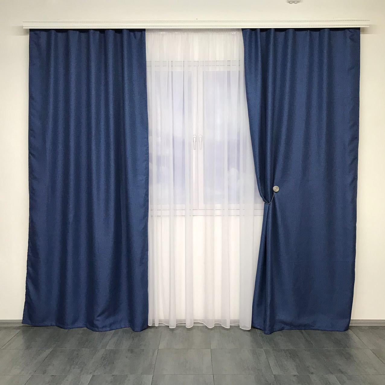 Шторы готовые для спальни и гостиной льняные с шифоновым тюлем плотные Синий
