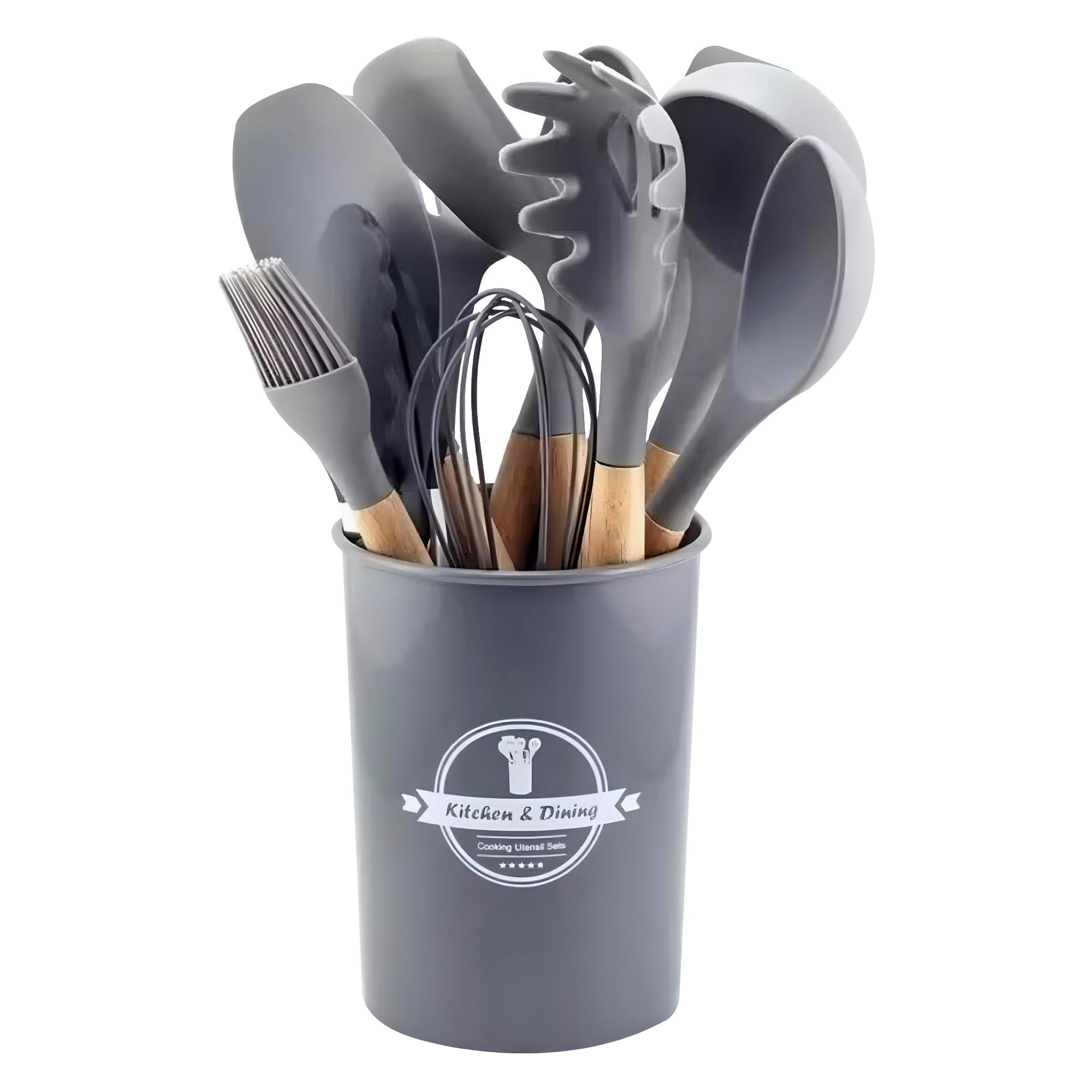 Набор кухонных принадлежностей из силикона и дерева с подставкой Kitchen Set 12 пр. Серый (HA-50)