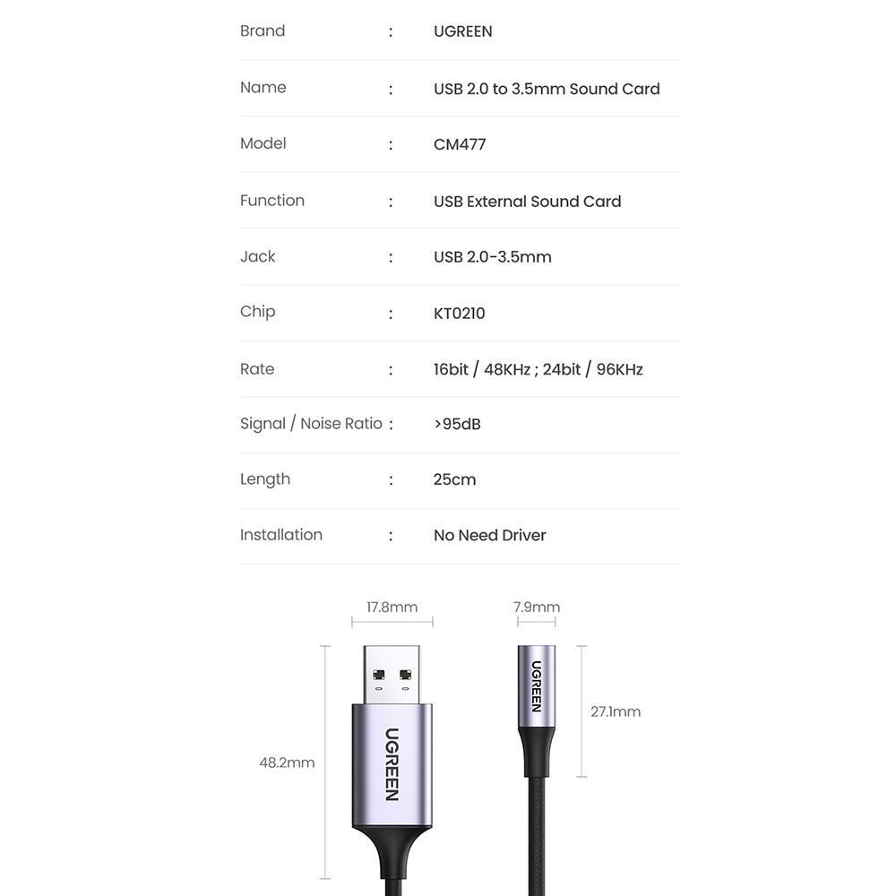 Карта зовнішня звукова з підтримкою мікрофона UGREEN CM477 USB 3,5 мм TRRS 4pin Audio Adapter 25 см Gray (30757) - фото 10 Карта зовнішня звукова з підтримкою мікрофона UGREEN CM477 USB 3,5 мм TRRS 4pin Audio Adapter 25 см Gray (30757) - фото 10