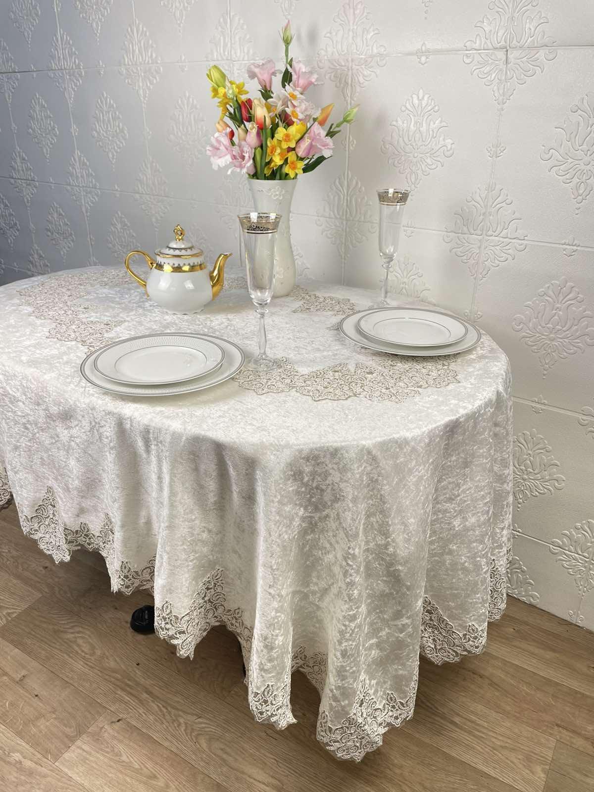 Скатерть велюровая Acme Tekstil PVS Queen ovale 160x300 см Krem (CN37716)