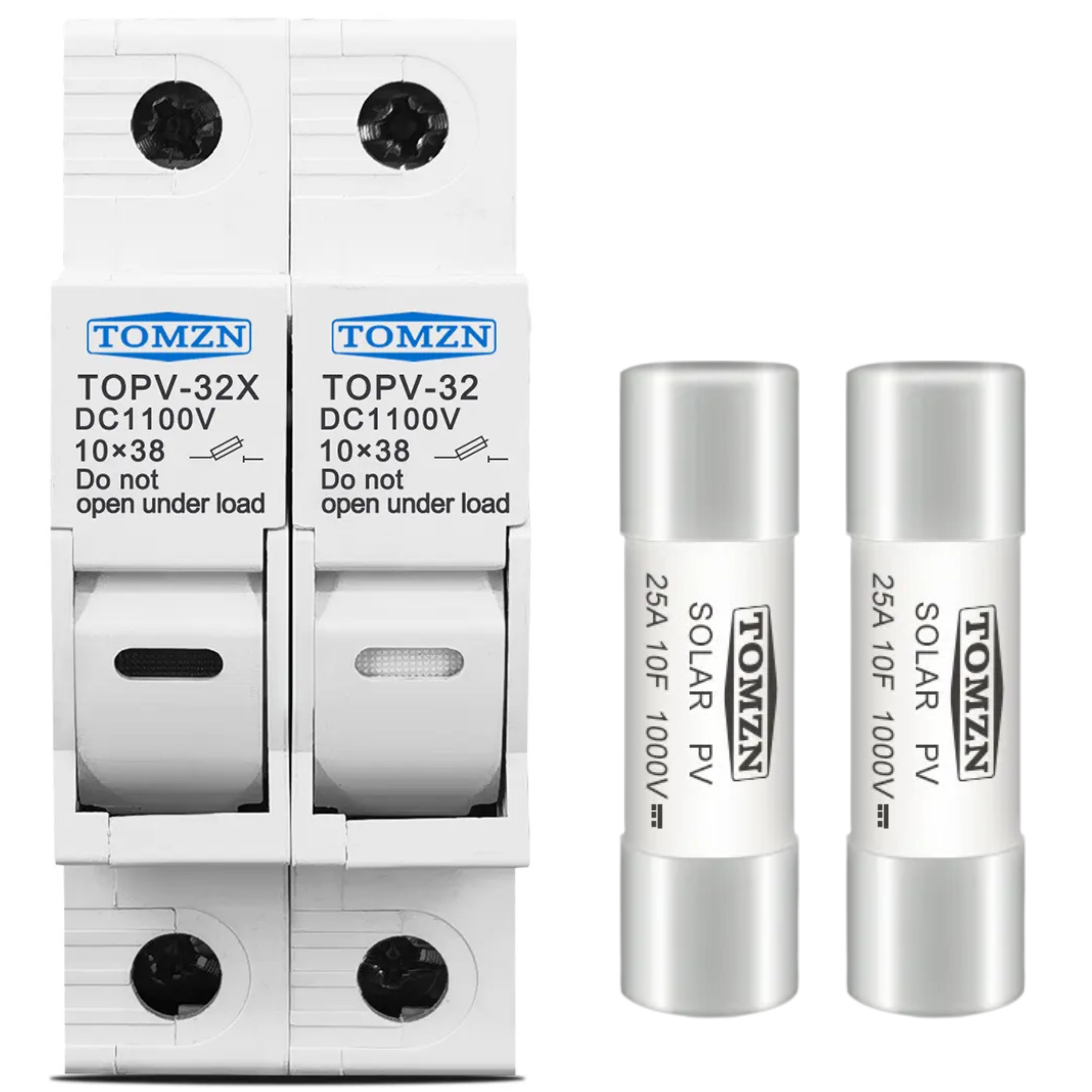 Тримач двополюсний плавкого запобіжника з 2 запобіжниками 25А TOMZN gPV SOLAR PV 10x38 мм DC 1000V/TOPV-32X 2P DC DIN з LED (2548676756)
