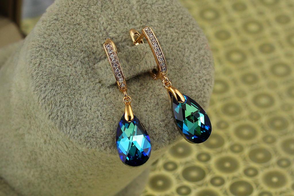 Серьги Xuping Jewelry Капля Сваровски синий хамелеон 3,5 см Золотистый (2605817543)