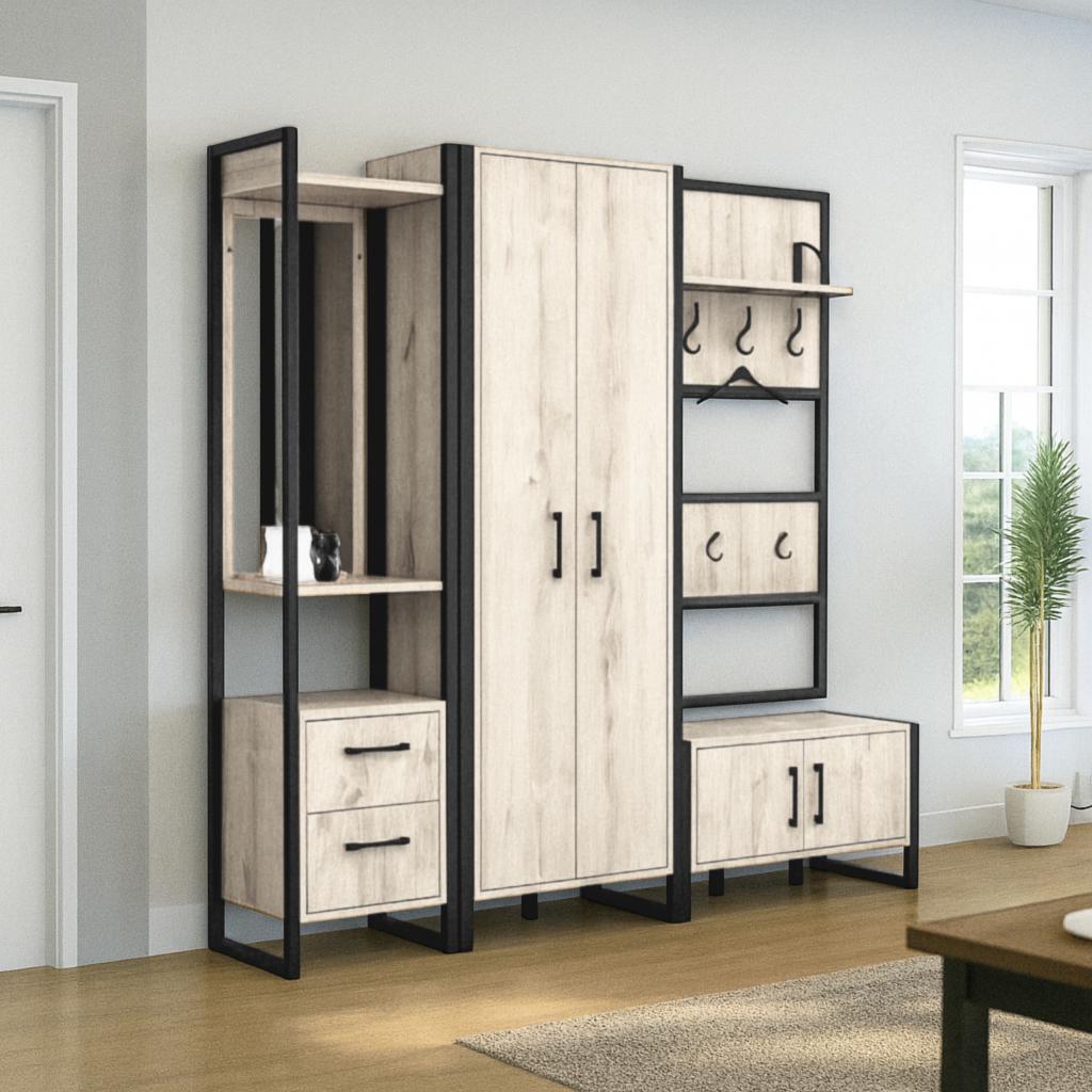 Прихожая в коридор Tobi Sho Остин ПЛ/1 в стиле Лофт с зеркалом 1780x350x1900 мм Дуб крафт белый