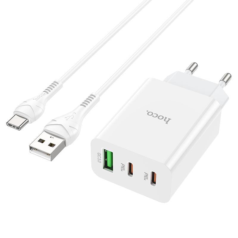 Пристрій мережевий зарядний Hoco C99A PD20W QC3.0 1 USB/2Type-C/3A з кабелем для заряджання USB/Type-C Білий