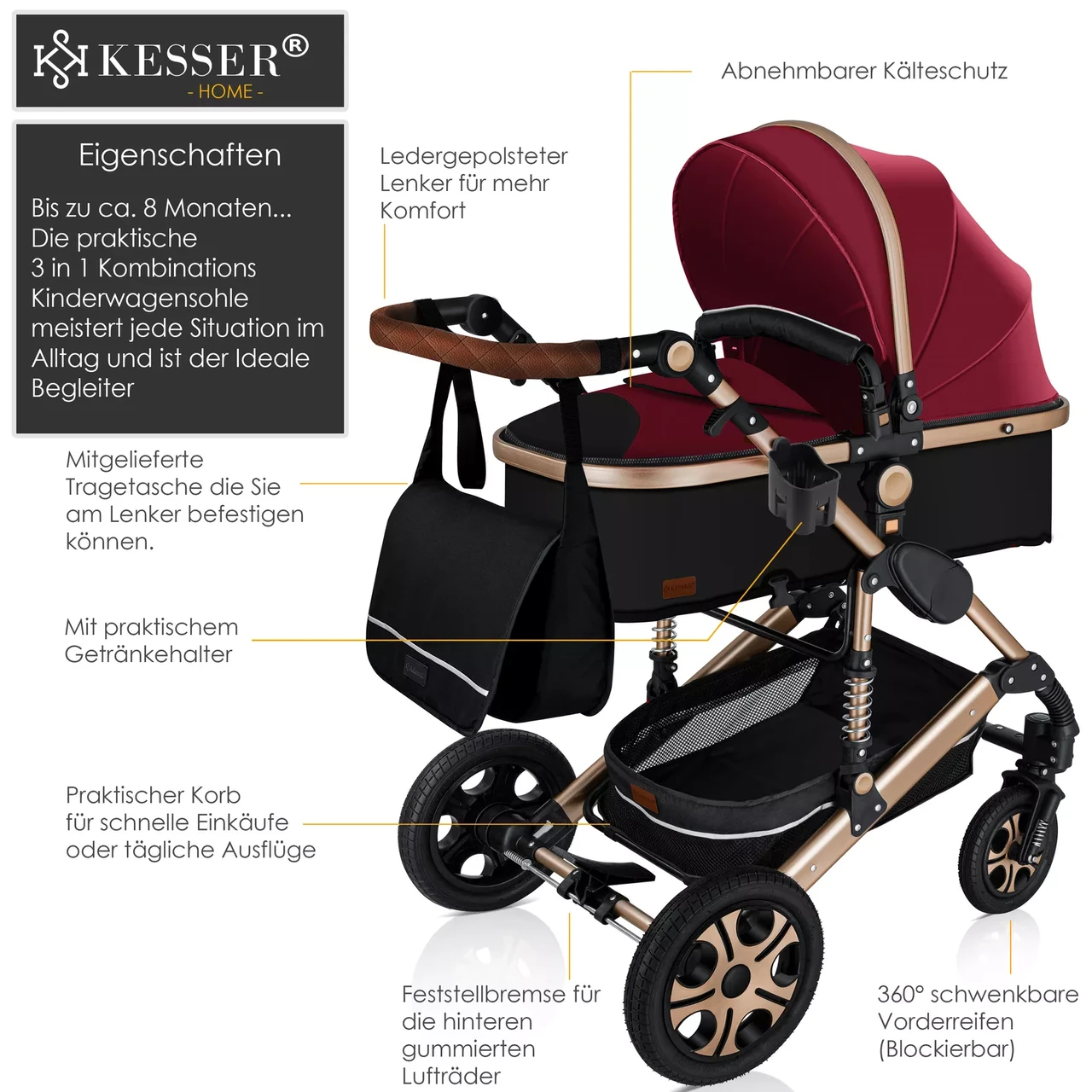 Коляска дитяча з автокріслом KESSER 3в1 94x64x119 см Червоний/Золотий - фото 2