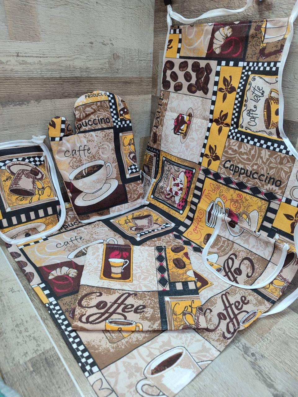 Фартук с перчаткой и прихваткой для кухни Кофе 55х73 см Бежево-оранжевый (П4К-fartuh0014) - фото 2 Фартук с перчаткой и прихваткой для кухни Кофе 55х73 см Бежево-оранжевый (П4К-fartuh0014) - фото 2