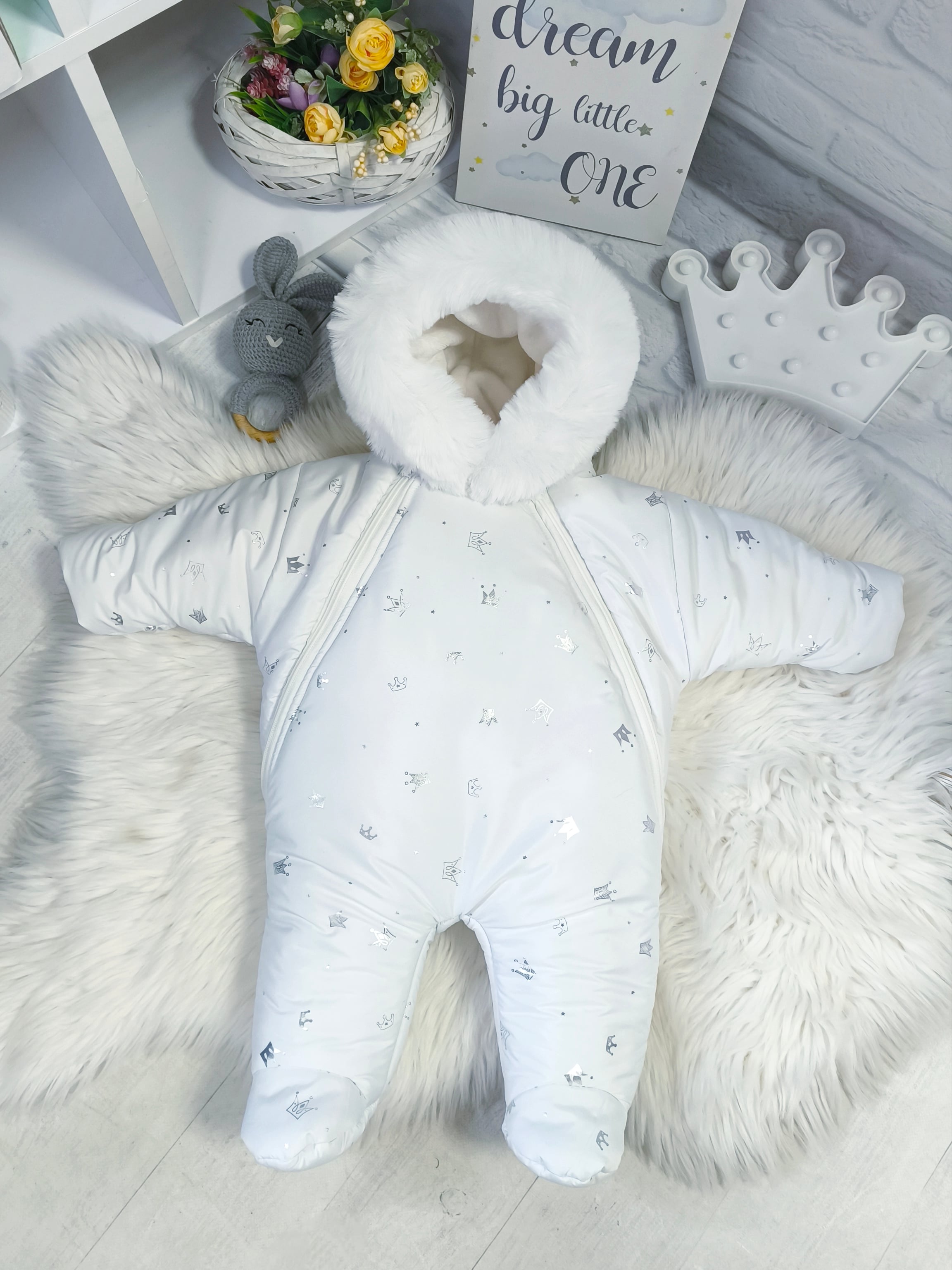 Детский зимний комбинезон ElLiz_kids Корона на бахроме 0-4 месяца Белый (Korona-white)