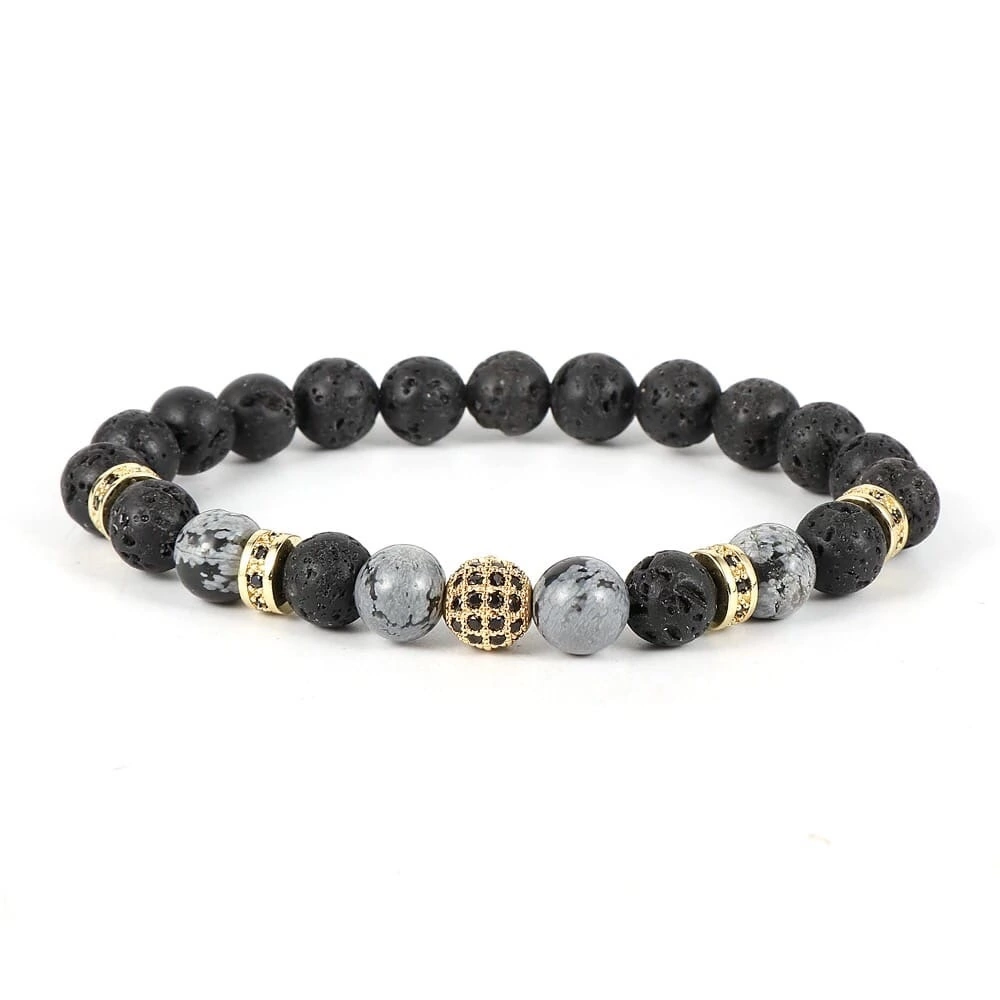 Браслет з лавового каменю та обсидіана з кулею та дисками р. 21 Чорний/Сірий (90110)