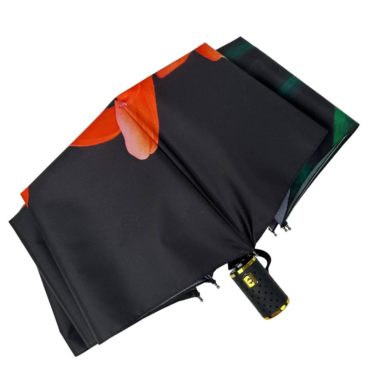 Зонт женский автомат Rain Flower в подарочной упаковке с платком Черный с оранжевым цветком (01020-1) - фото 6