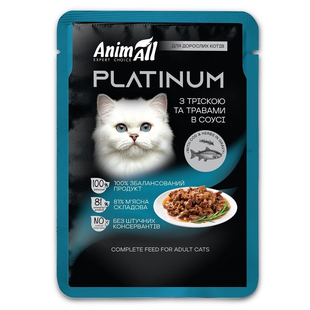Корм влажный AnimAll PLATINUM пауч для взрослых кошек с Треской и Травами в соусе 85 г (2998381631)