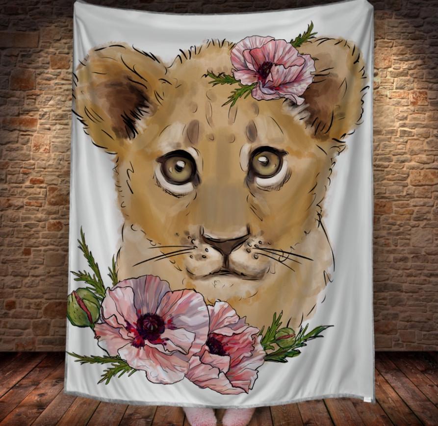 Плед с 3D принтом Львёнок и цветы акварель 150х200 см (epi_1753)