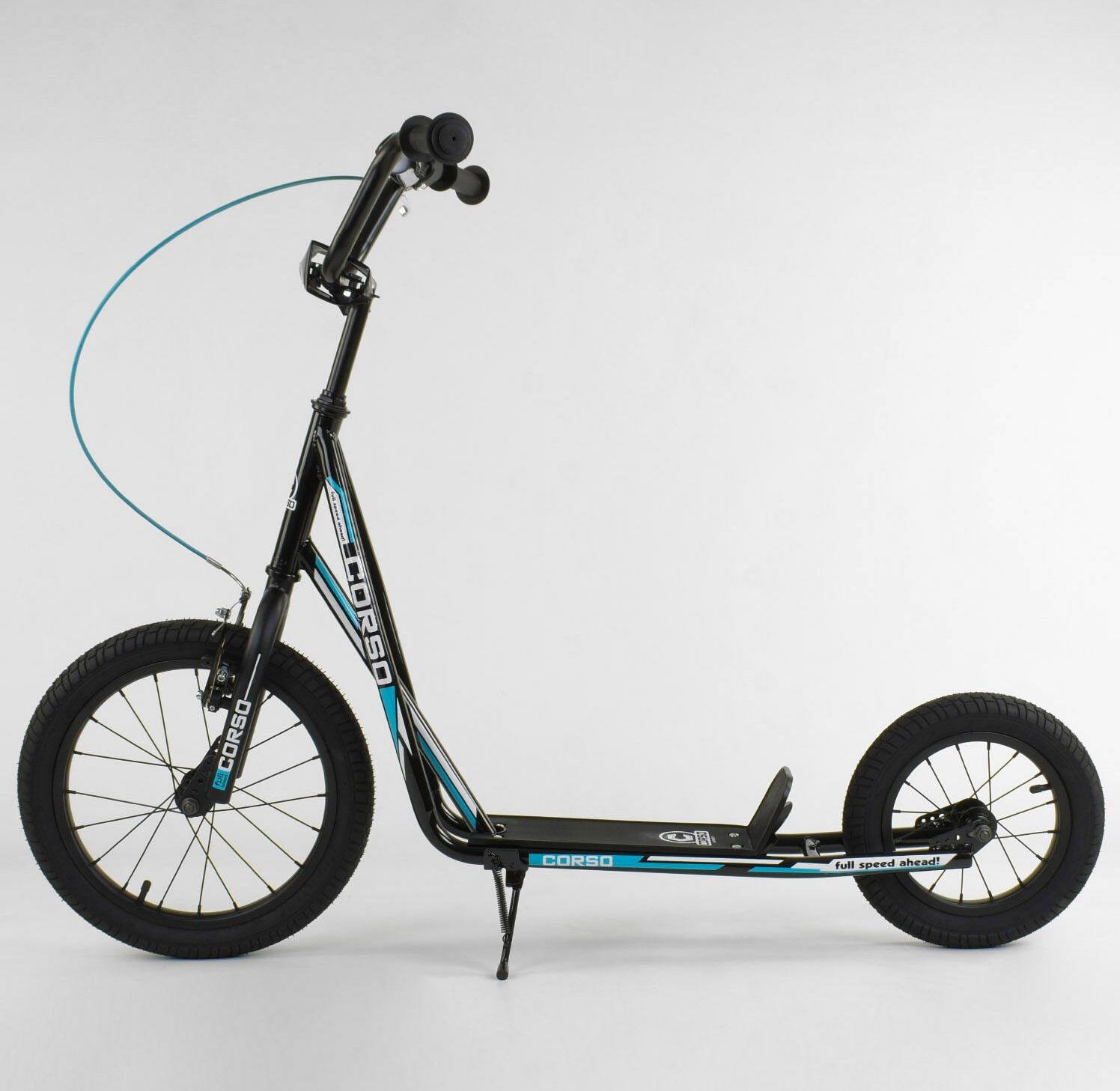Самокат детский Corso надувные колеса переднее 16/заднее 12/ручное переднее тормоз Black/Blue (86795)
