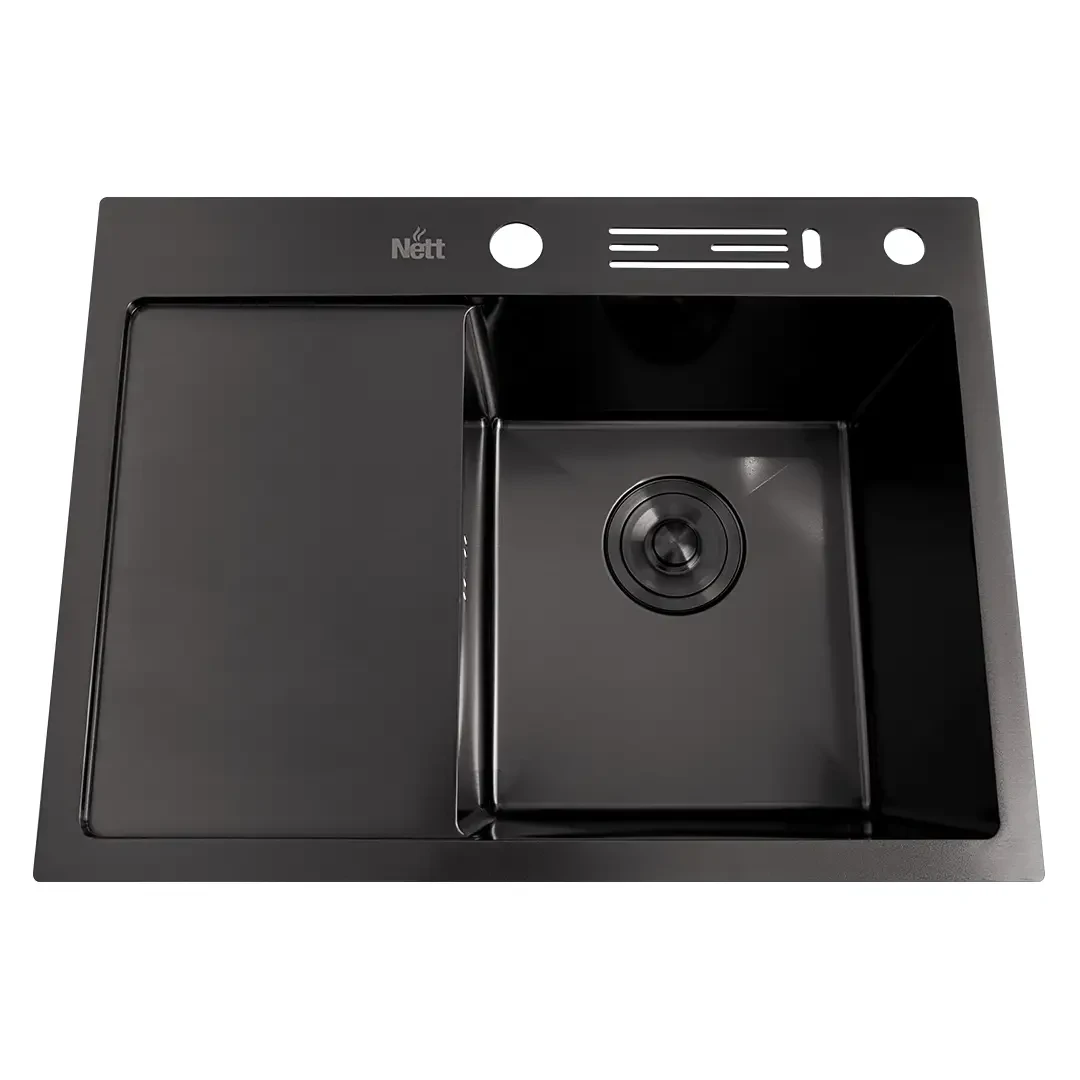 Мийка для кухні накладна Nett NB-6045(L) з лівим крилом Чорний (2999643031)