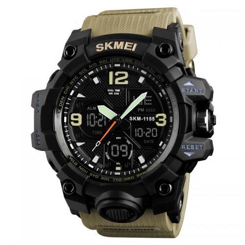 Годинник наручний чоловічий Skmei 1155BWT 5 ATM 55 мм з підсвічуванням Black/Khaki (13103609)