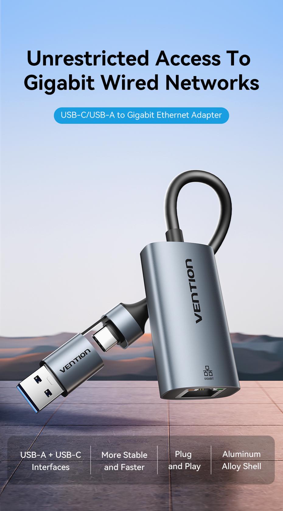 Адаптер Vention USB-C/USB-A на Gigabit Ethernet 1000 Мбит/с алюминиевый Plug and Play 0.15 м Серый (CFQHB) - фото 2