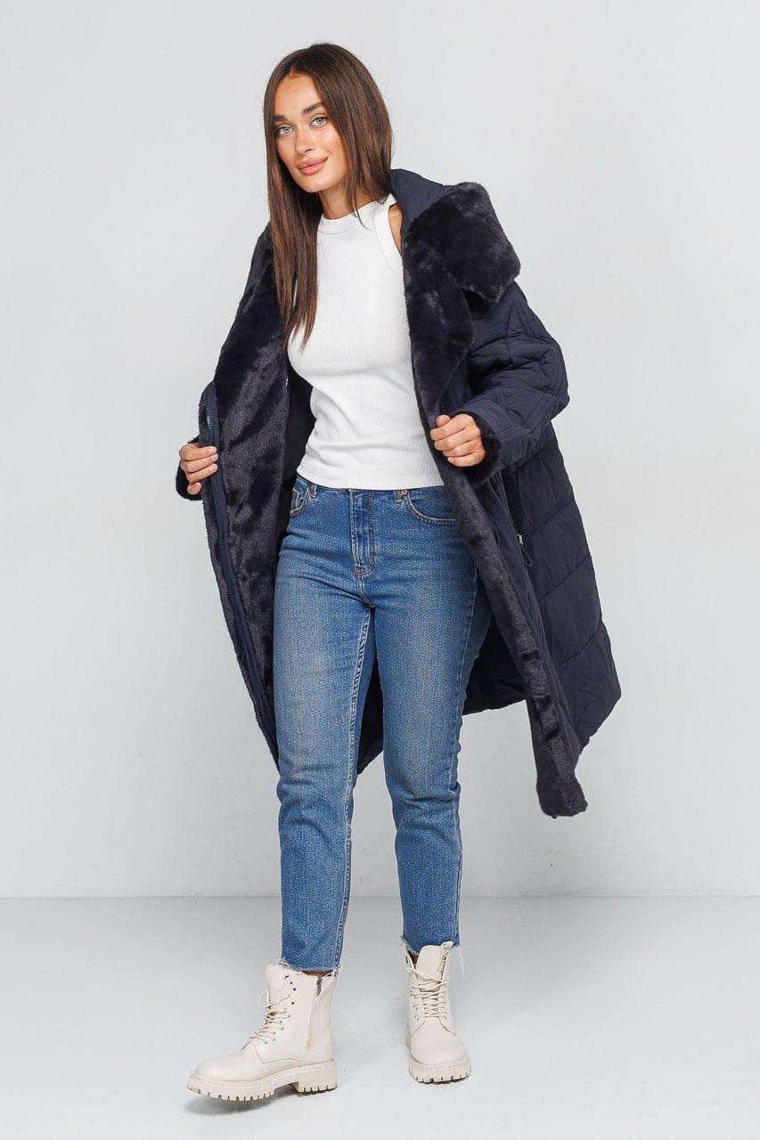 Тренч-пуховик жіночий з хутром р. 52 Синій (60452a/52) - фото 5