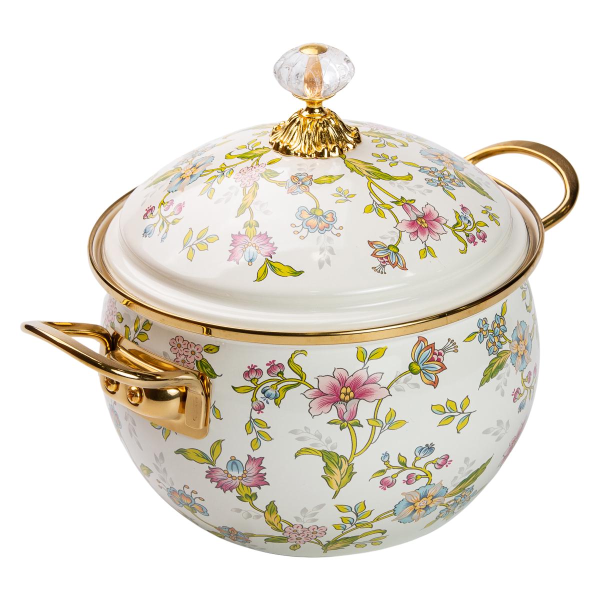 Кастрюля эмалированная в винтажном стиле со стеклянной крышкой цветочный принт 3 л (HP-2-110) - фото 2 Кастрюля эмалированная в винтажном стиле со стеклянной крышкой цветочный принт 3 л (HP-2-110) - фото 2