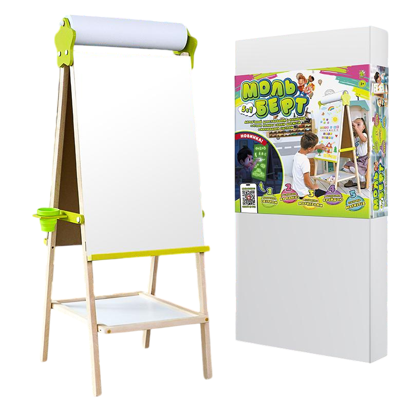 Мольберт детский двусторонний 5в1 с полкой и бумагой для творчества и обучения Lumik
