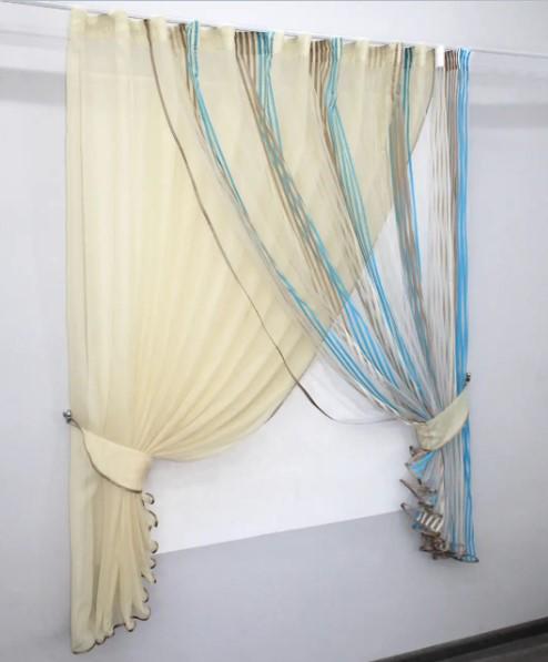 Комплект штор на кухню 330х170 см Бежевый/Голубой (101к) - фото 2 Комплект штор на кухню 330х170 см Бежевый/Голубой (101к) - фото 2