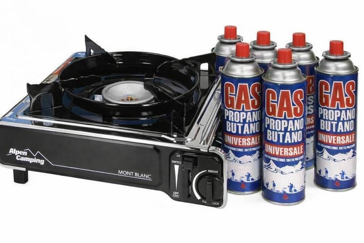 Плитка газовая Alpen Camping Mont Blanc с пьезоподжигом с газовыми балчиками Olymp Propano Butano для плиток 5 Баллонов (HH55343+5)