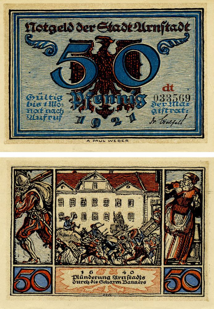 Коллекционная банкнота Германия Нотгельд 50 пфеннигов 1921 F-VF Арнштадт. Рейхстаг (Б16207)