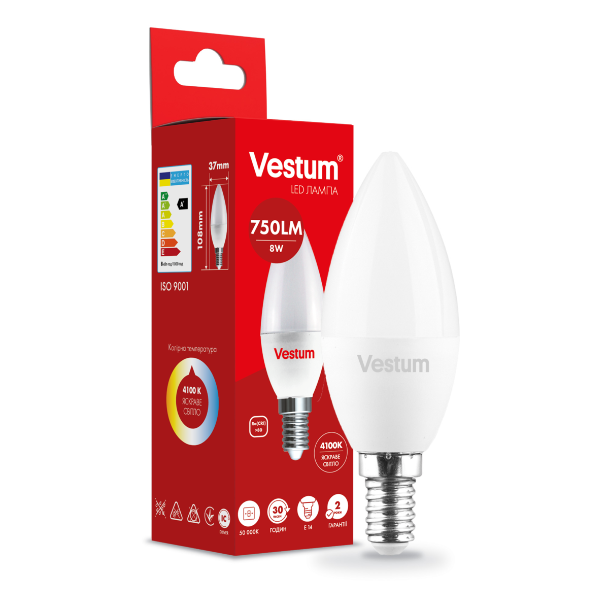 Светодиодная лампа Vestum C37 8W 4100K 220V E14 (1-VS-1311)