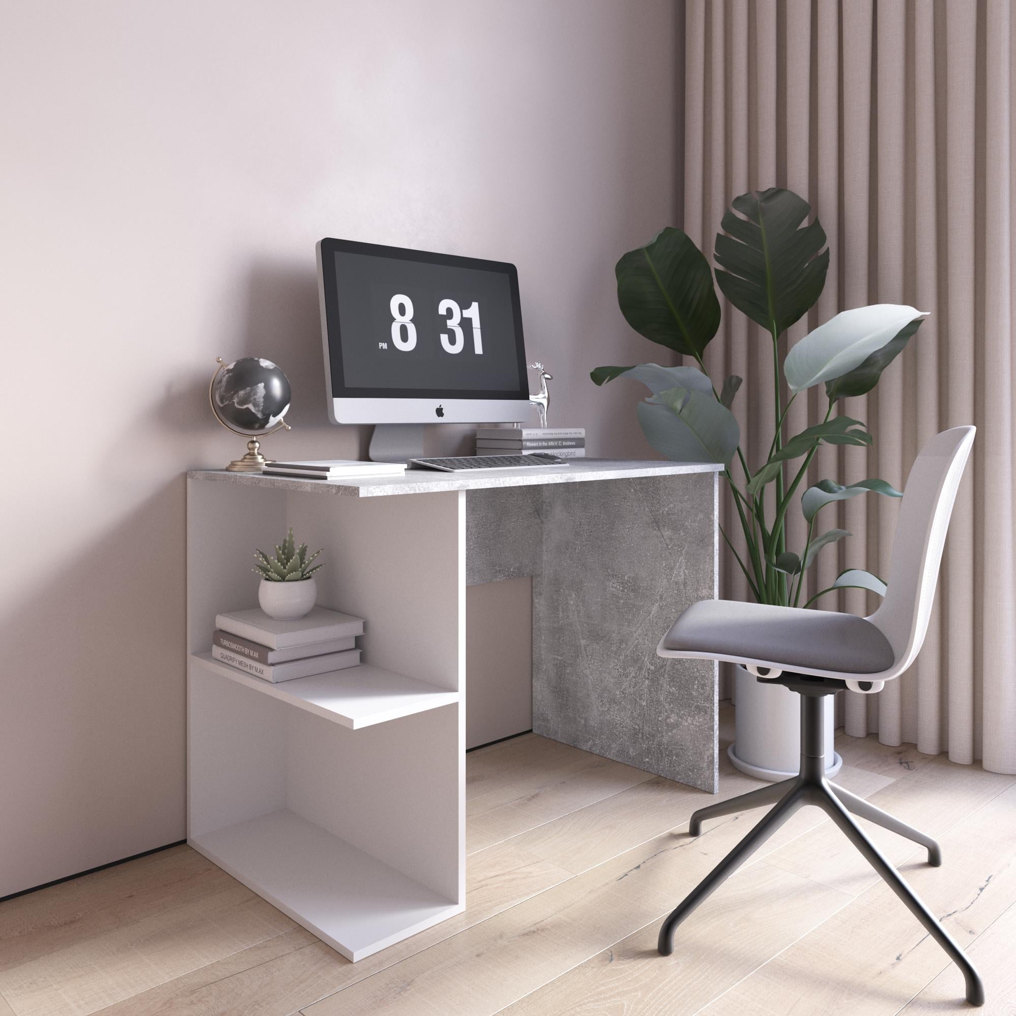 Стіл комп'ютерний D-7 з полицями ліворуч Бетон/Білий