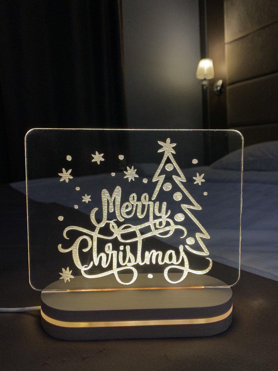 Світильник Новий рік на підставці з натурального дерева