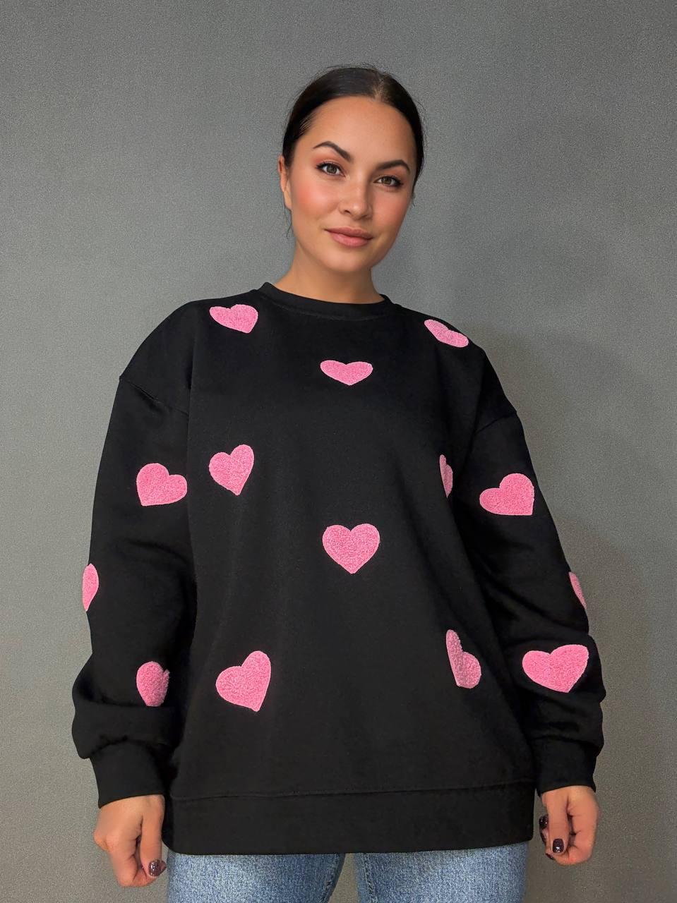 Свитшот женский W 2975 удлиненный махровые сердца OS Черный (2407) - фото 1 Свитшот женский W 2975 удлиненный махровые сердца OS Черный (2407) - фото 1
