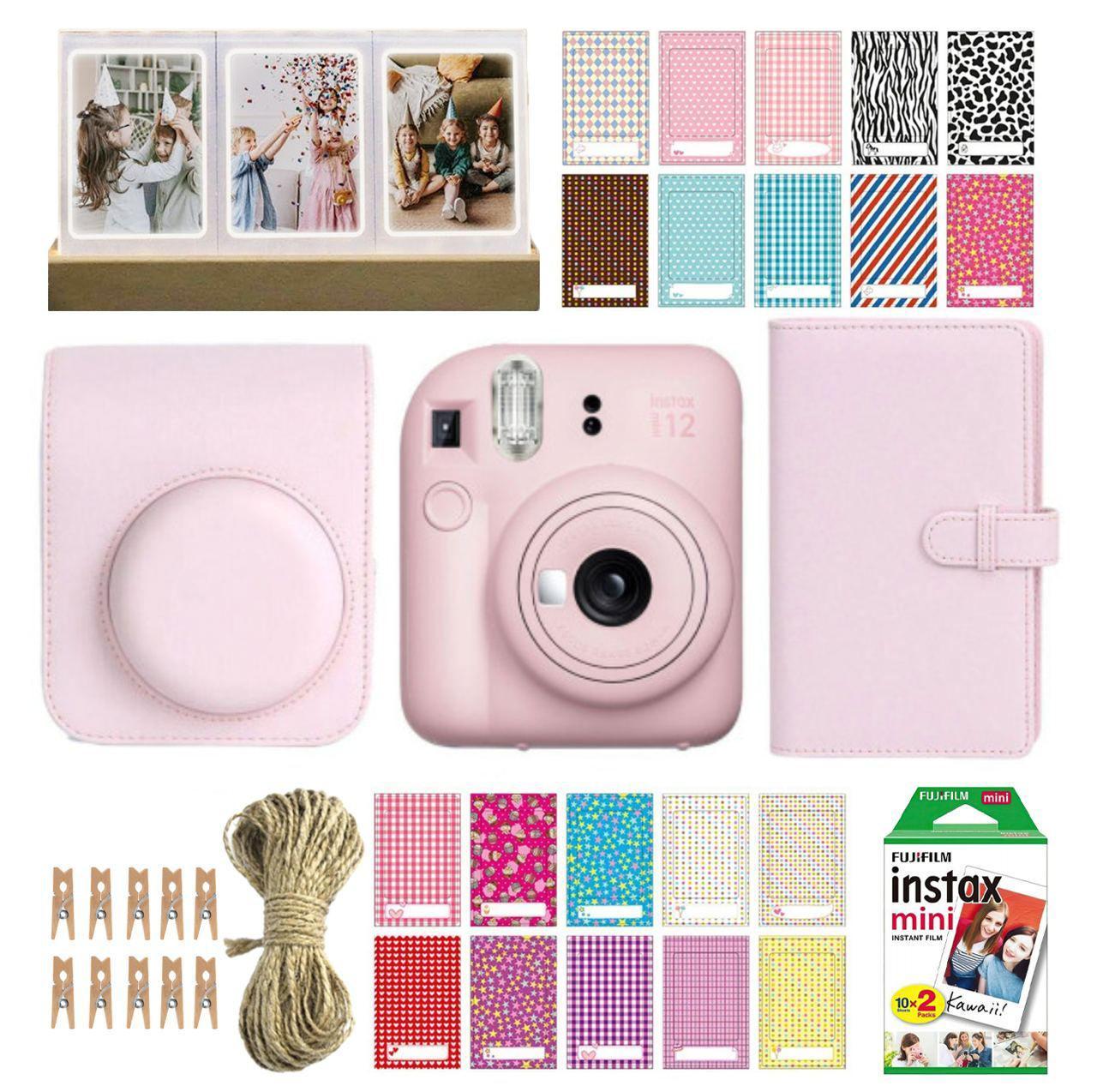 Камера моментальной печати Fujifilm Instax Mini 12/чехол/фотопленка 20 шт./фотоальбом 108/наклейки 20 шт. и фоторамка 3в1 Pink