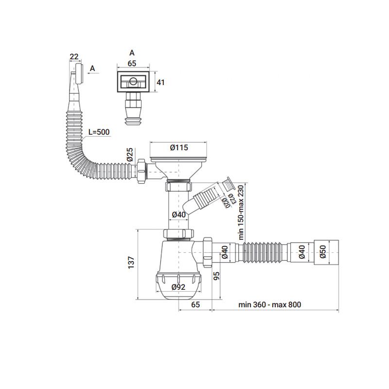 Сифон для кухні Zerix SK-02-B 3 1/2"x40 з різьбовим випуском та відведенням для пральної машини (ZX495 - фото 2