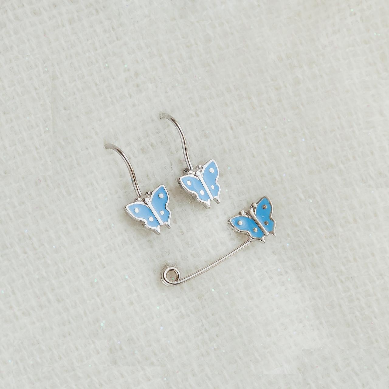 Набор серебряный Бабочки серьги и шпилька с голубой эмалью