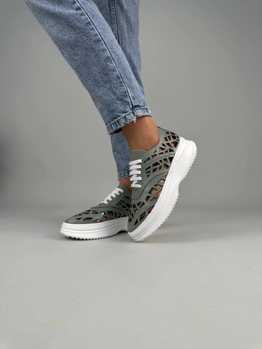 Кеды женские кожаные с перфорацией р. 36 Оливковый (9200-1/36) Кеды женские кожаные с перфорацией р. 36 Оливковый (9200-1/36)