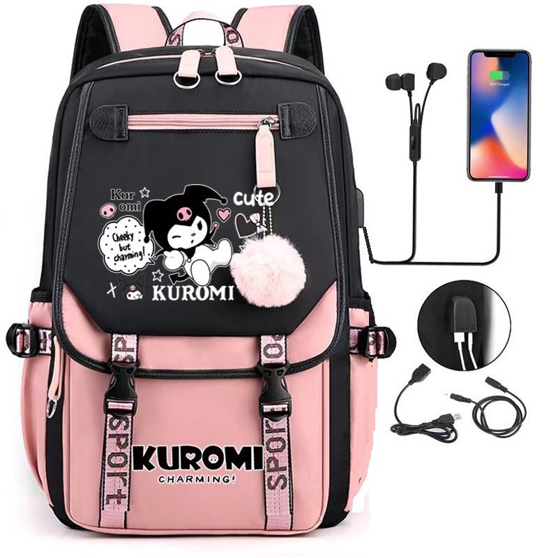 Шкільний рюкзак для дівчинки у японському стилі Kuromi з USB-портом і хутряним помпоном Pink (2492739195) - фото 3 Шкільний рюкзак для дівчинки у японському стилі Kuromi з USB-портом і хутряним помпоном Pink (2492739195) - фото 3