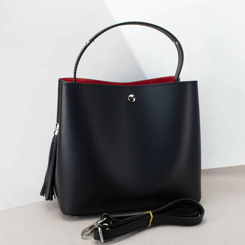 Сумка женская кожаная шопер Virginia Conti 02121 с кисточкой и красной подкладкой Черный (2174502119)