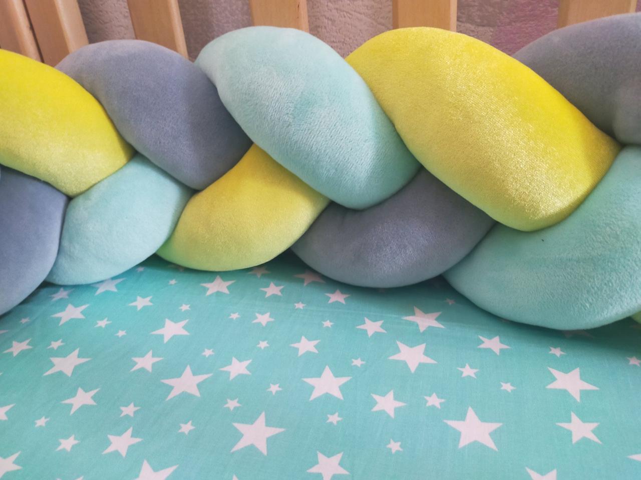 Бортик в кроватку косичка трехпрядная 120x18 см Серый/Желтый (1460642997) - фото 2