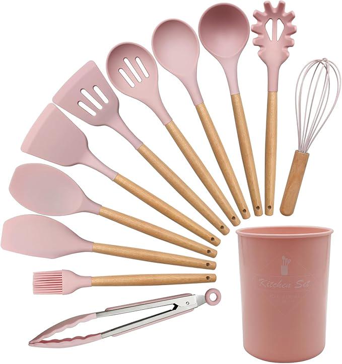 Набор кухонных принадлежностей Kayfovo KS-12S-4 из 12 силиконовых предметов половник/кухонные щипцы/лопатки Pink (29298) - фото 1
