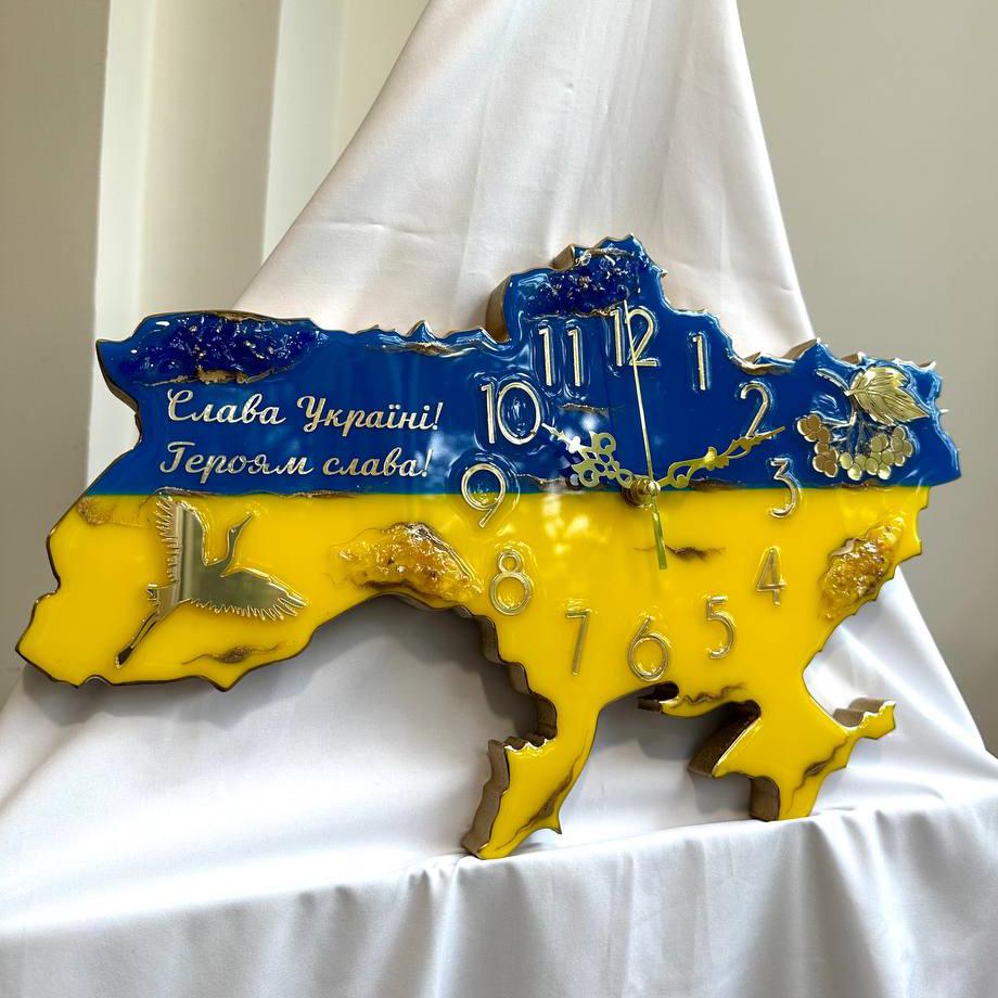 Часы настенные из эпоксидной смолы Карта Украины 40x27 см