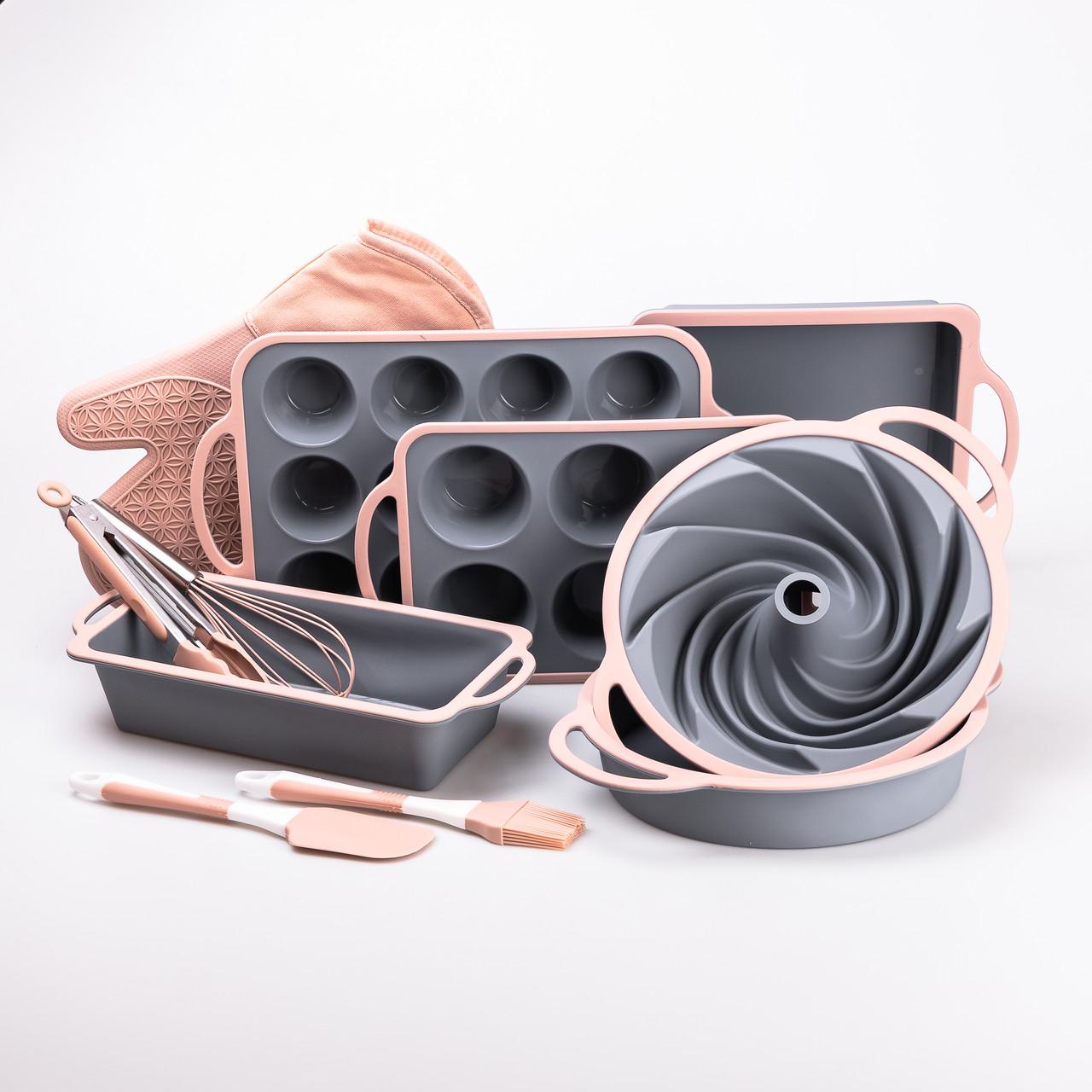 Кондитерський набір для випічки з антипригарним покриттям силіконові форми та аксесуари 11 пр. Сірий з рожевим (2183953905)