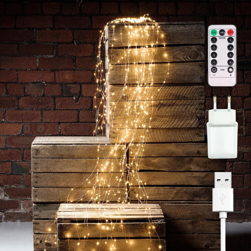 Гирлянда роса Конский хвост и пульт 20 нитей по 1 м 200 LED от USB и сети 220В 8 режимов Теплый белый