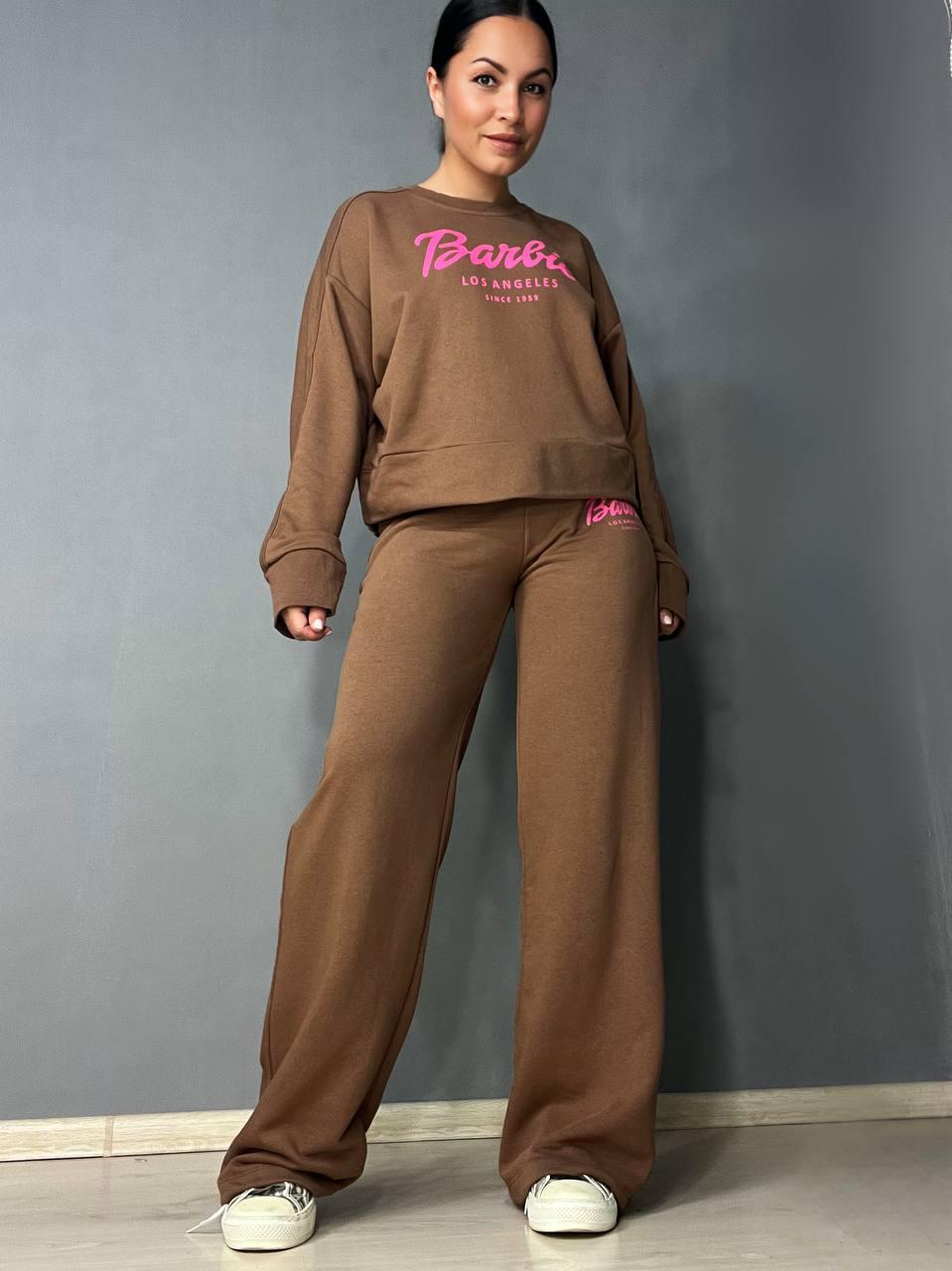 Костюм женский QUZEN 485-485 свитшот короткий BARBIE брюки палаццо широкие M Коричневый (1586)