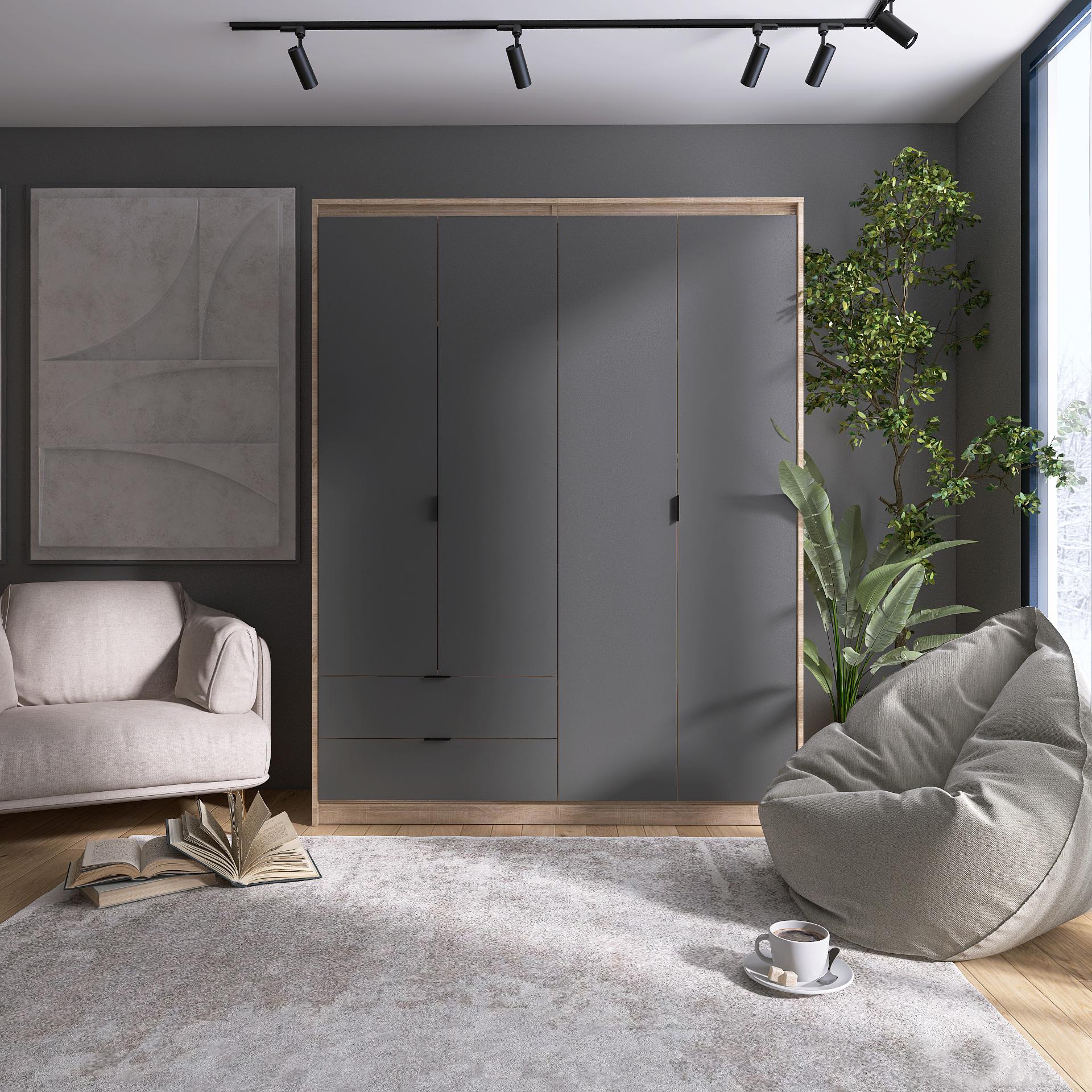 Шкаф Еверест 1600 СИТИ с полками 160х50х205 см Дуб сонома/Графит (09457)