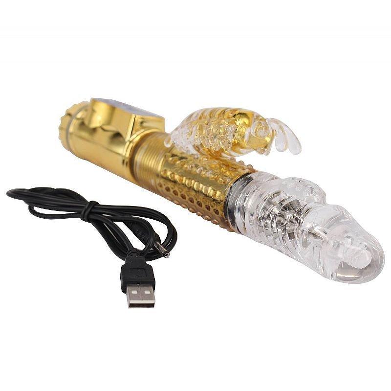 Вибратор Rabbit с ротацией и телескопическими USB-движениями (usb_gold_JP05)