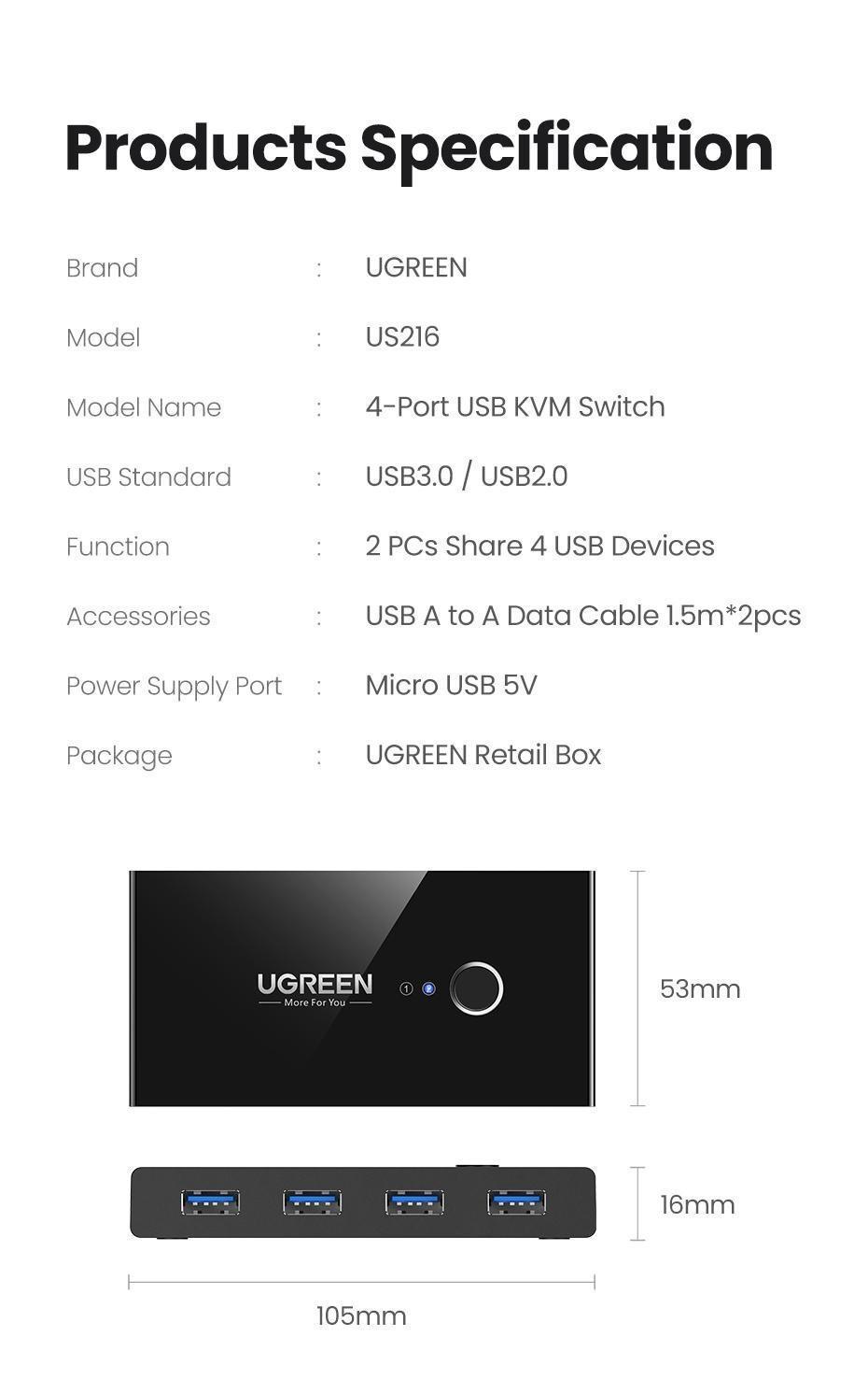 Перемикач KVM UGREEN USB 2.0 4-портовий з кабелями 480 Мбіт/с Чорний (30767) - фото 9 Перемикач KVM UGREEN USB 2.0 4-портовий з кабелями 480 Мбіт/с Чорний (30767) - фото 9