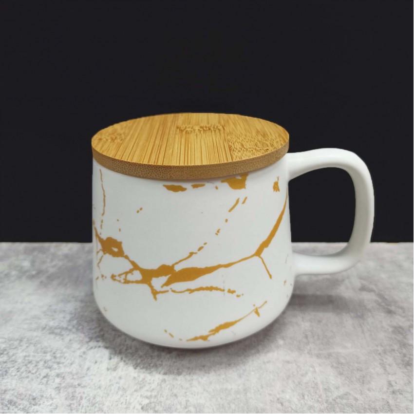 Чашка мрамор с бамбуковой крышкой 400 мл Белый (20634)