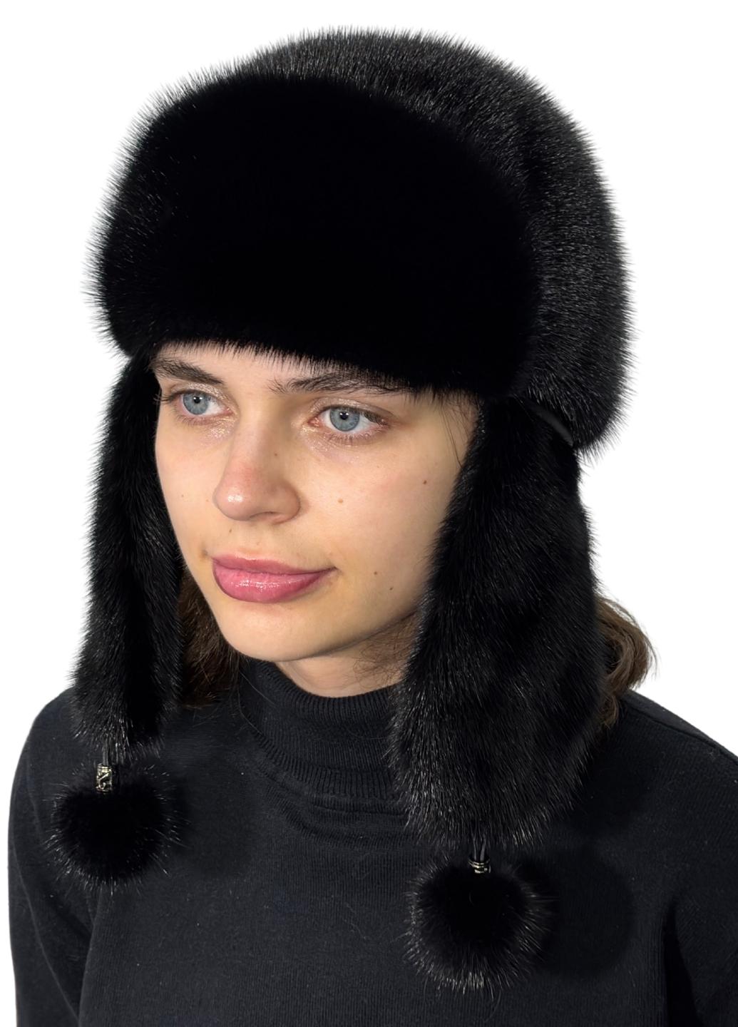 Шапка женская Меховой стиль Комбинированная Ушанка из натурального меха норки XL-XXL Черный (058/E)
