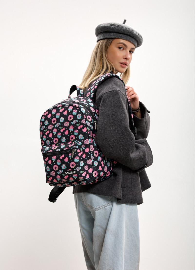 Рюкзак женский Sambag Talary принт Cake 35х25х12 см Черный (35312736)