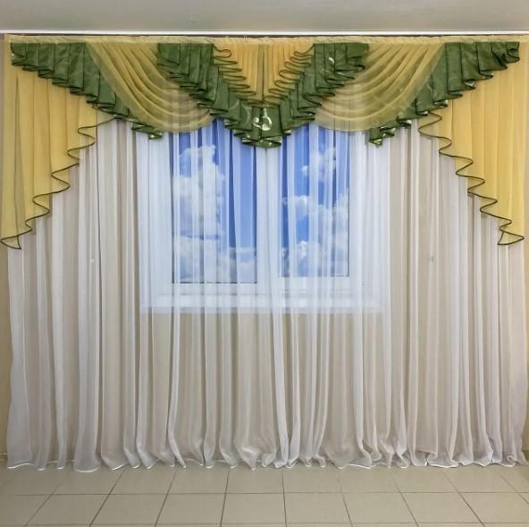 Ламбрекен в гостиную/спальню блекаут/шифон 3 м Зеленый/Желтый (447)